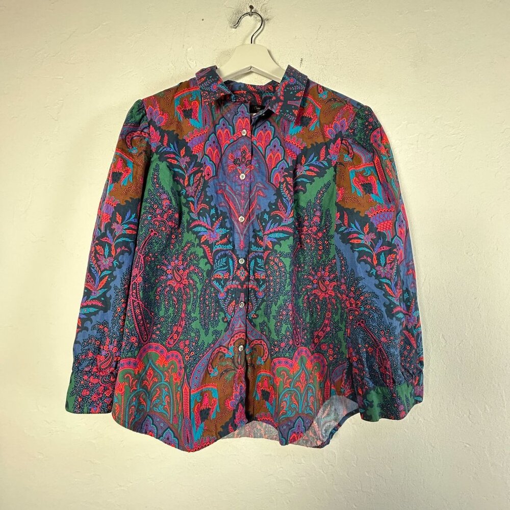 J.Crew Womens Paisley Button-Up Shirt 12 Multicolor Cotton Puff Sleeve Blouse